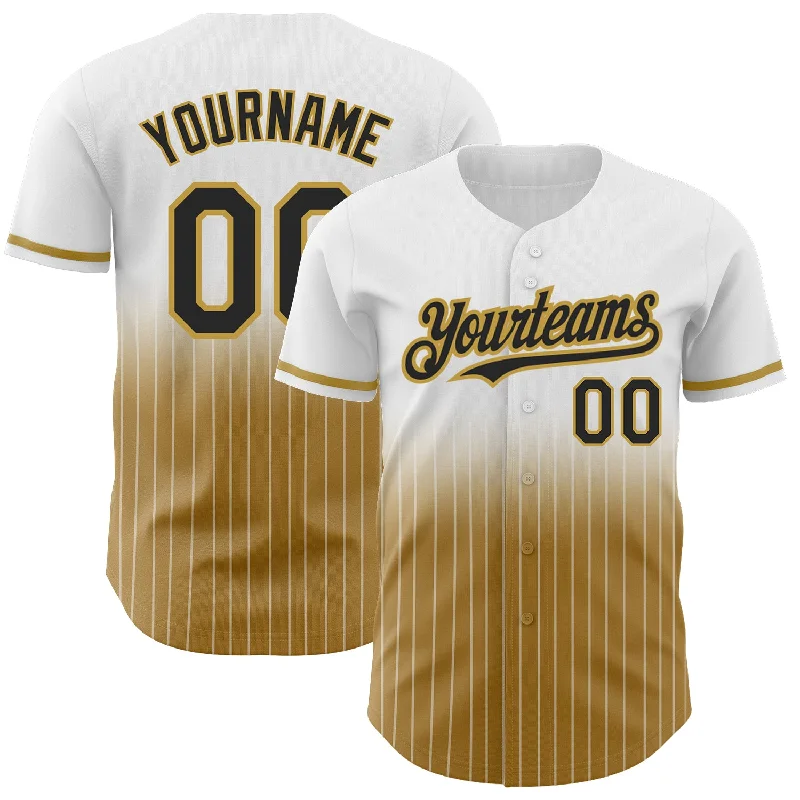 Baseball Jersey for Customized Jersey Fit-Custom White Pinstripe Black-Old Gold Authentic Fade Fashion Baseball Jersey