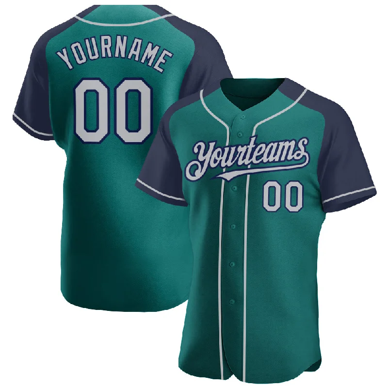 Baseball Jersey for Professional Team Jersey Design-Custom Teal Gray-Navy Authentic Raglan Sleeves Baseball Jersey