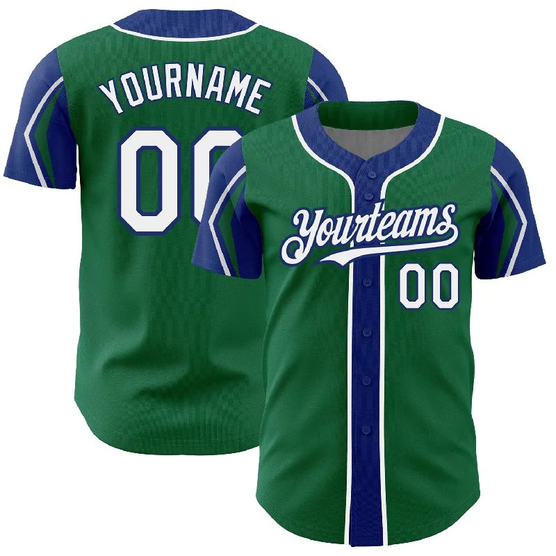 Baseball Jersey for Soft Material Comfort-Custom Kelly Green White-Royal 3 Colors Arm Shapes Authentic Baseball Jersey