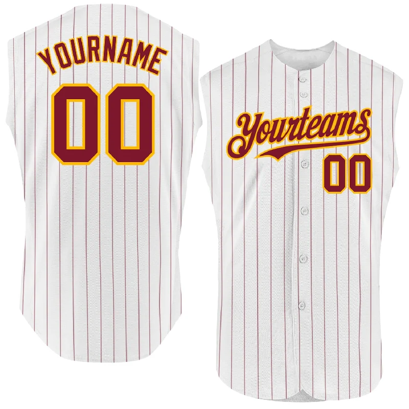 Baseball Jersey for Fan Support Apparel-Custom White Purple Pinstripe Gold Authentic Sleeveless Baseball Jersey