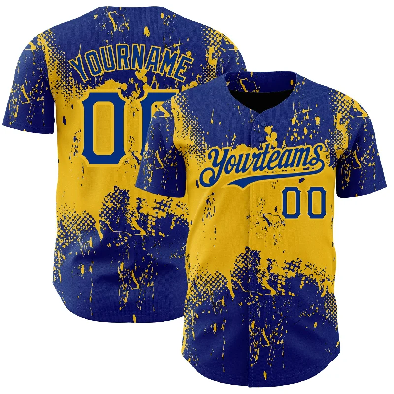 Baseball Jersey for Breathable and Soft Fit-Custom Royal Yellow 3D Pattern Design Abstract Splatter Grunge Art Authentic Baseball Jersey