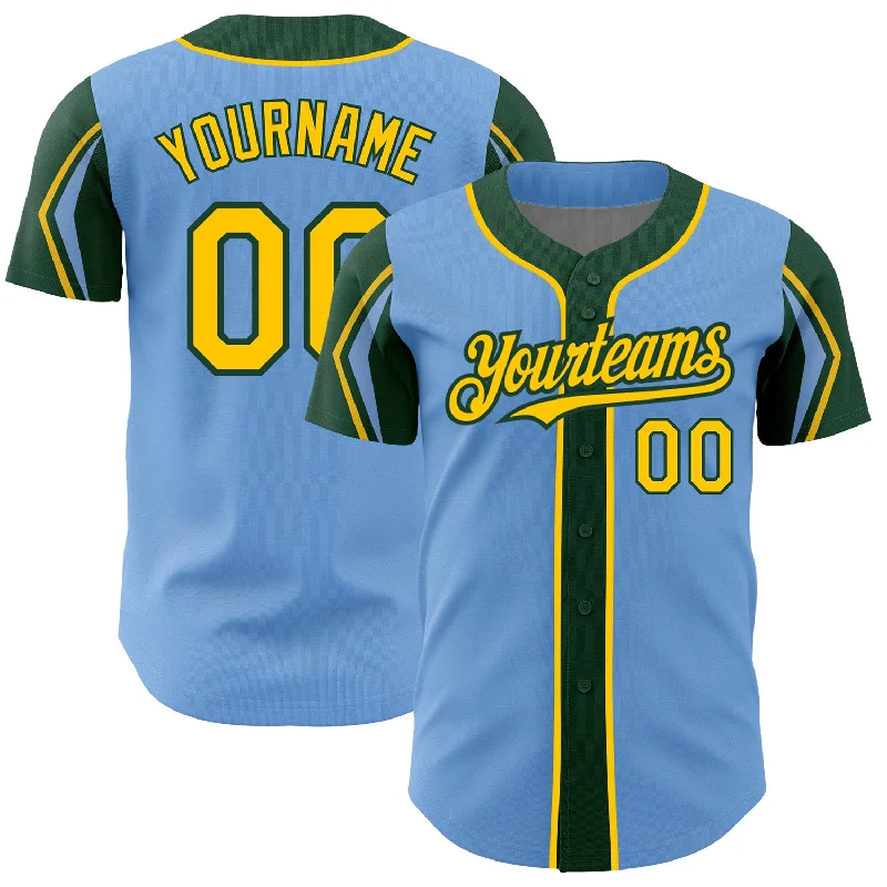 Baseball Jersey for Youth-Custom Light Blue Yellow-Green 3 Colors Arm Shapes Authentic Baseball Jersey