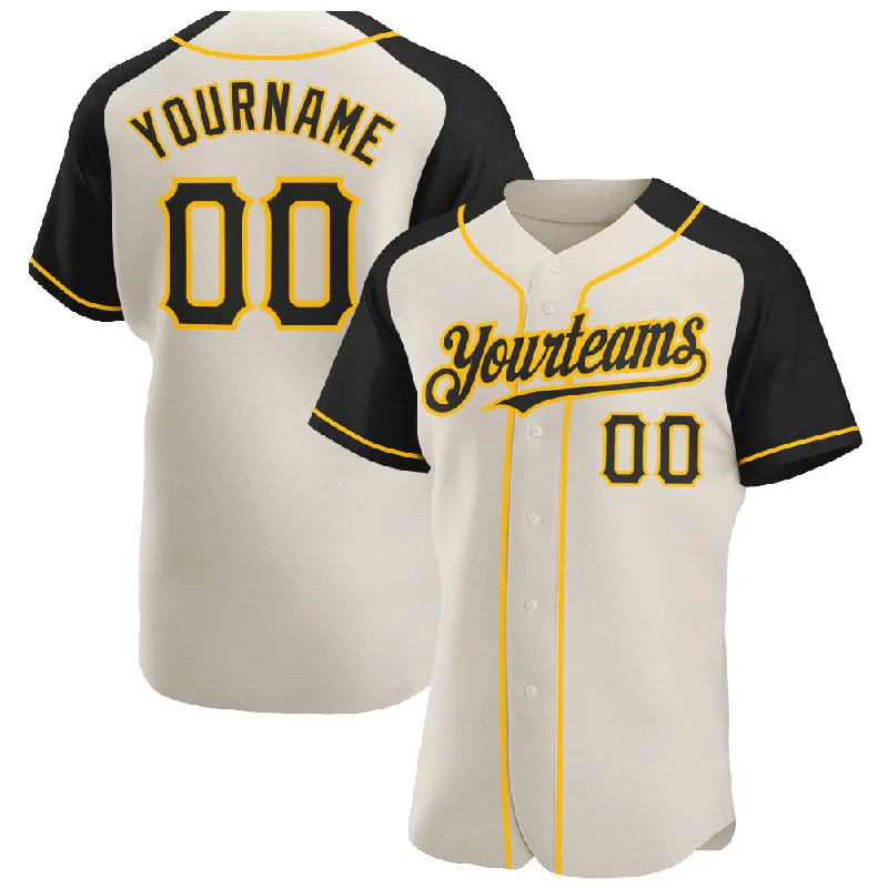 Baseball Jersey for High School Teams-Custom Cream Black-Gold Authentic Raglan Sleeves Baseball Jersey