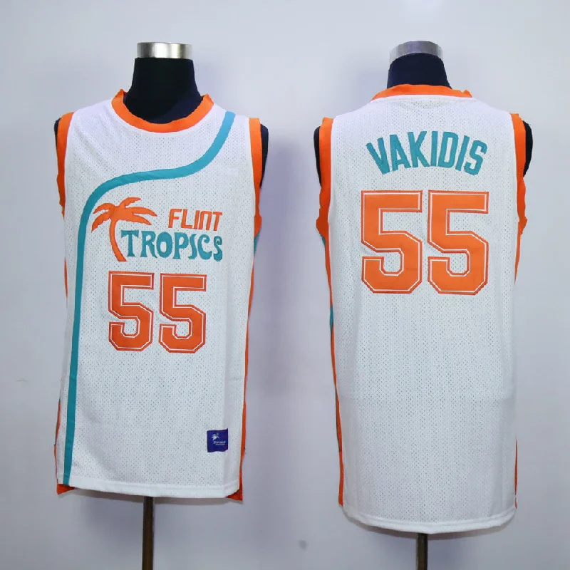 Basketball Jersey for Team Building Apparel-Flint Tropics 55 Vakidis White Semi Pro Movie Stitched Basketball Basketball Jersey