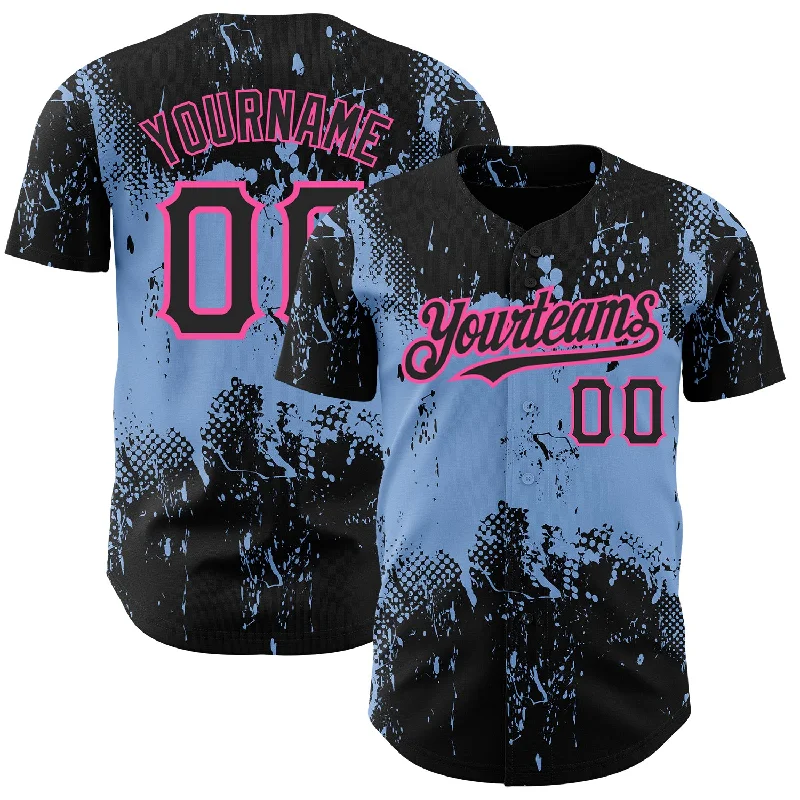 Baseball Jersey for Customized Jersey Fit-Custom Black Light Blue-Pink 3D Pattern Design Abstract Splatter Grunge Art Authentic Baseball Jersey