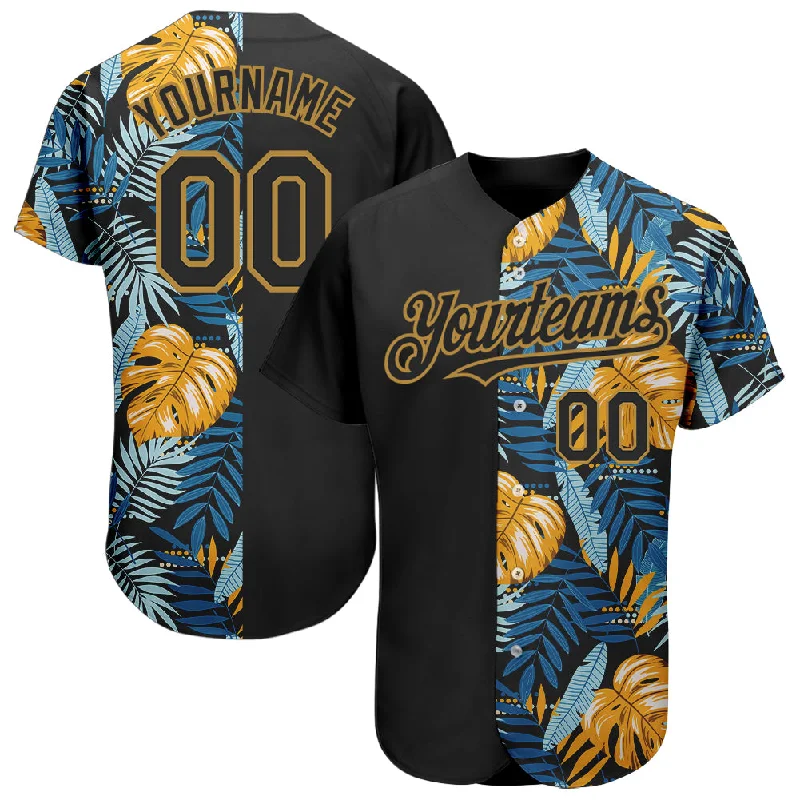 Baseball Jersey for Youth League Teams-Custom Black Old Gold 3D Pattern Design Hawaii Tropical Leaves Authentic Baseball Jersey