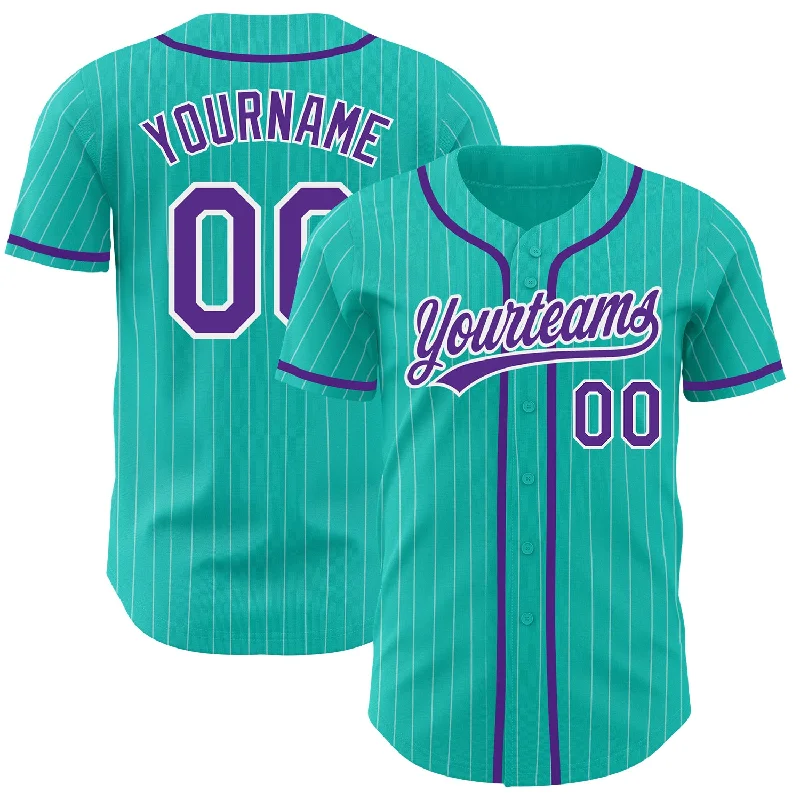 Baseball Jersey for High-Quality Design and Durability-Custom Aqua White Pinstripe Purple Authentic Baseball Jersey