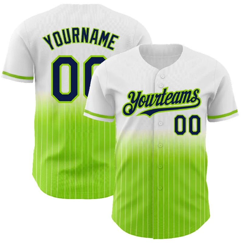 Baseball Jersey for High-Quality Fit and Design-Custom White Pinstripe Navy-Neon Green Authentic Fade Fashion Baseball Jersey