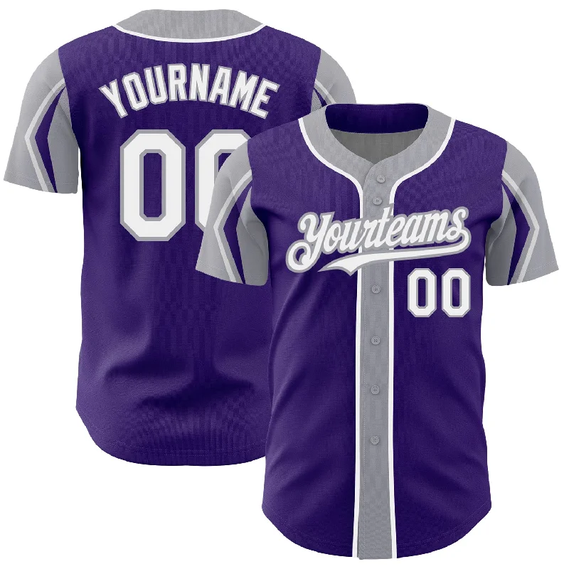 Baseball Jersey for Supportive Fan Gear-Custom Purple White-Gray 3 Colors Arm Shapes Authentic Baseball Jersey