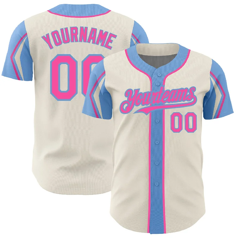 Baseball Jersey for Customizable Team Gear-Custom Cream Pink-Light Blue 3 Colors Arm Shapes Authentic Baseball Jersey