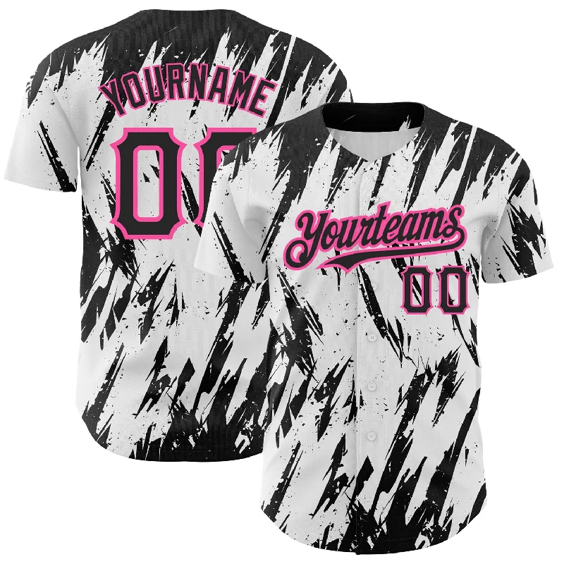 Baseball Jersey for Softball and Baseball Hybrid-Custom White Black-Pink 3D Pattern Design Abstract Sharp Shape Authentic Baseball Jersey