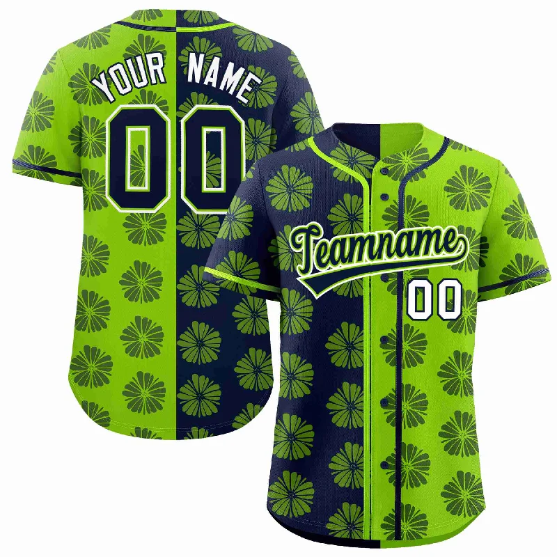 Baseball Jersey for Comfortable Player Jerseys-Custom Navy Neon Green Split Fashion Flower Graffiti Pattern Authentic Baseball Jersey