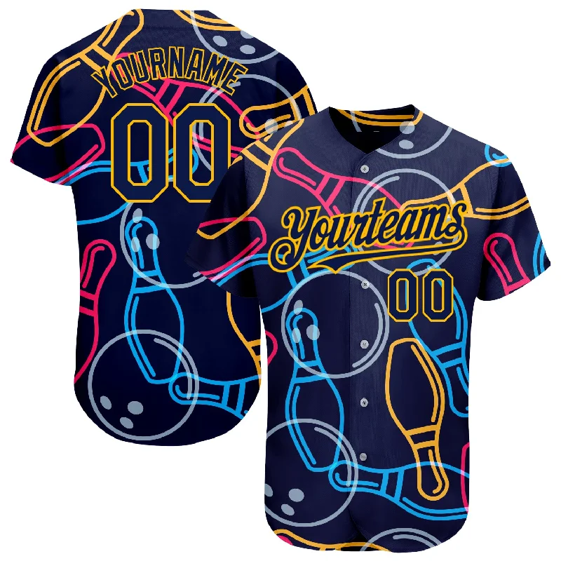 Baseball Jersey for Complete Custom Apparel-Custom Navy Gold 3D Pattern Design Bowling Authentic Baseball Jersey