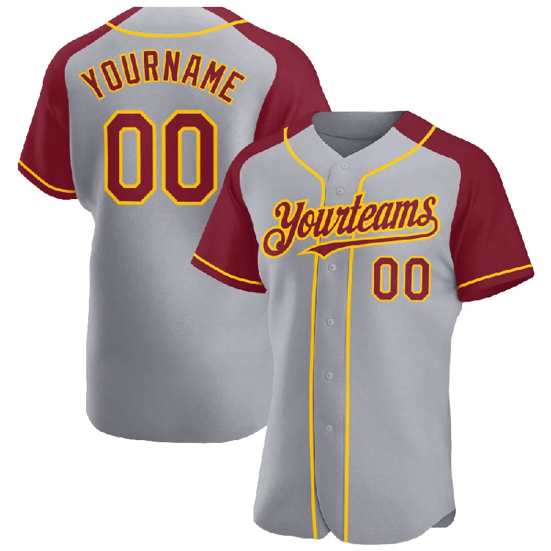 Baseball Jersey for Team Player Uniforms-Custom Gray Crimson-Yellow Authentic Raglan Sleeves Baseball Jersey