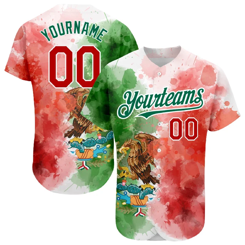 Baseball Jersey for Comfortable and Stylish Fit-Custom Kelly Green Red-White 3D Mexican Flag Watercolored Splashes Grunge Design Authentic Baseball Jersey