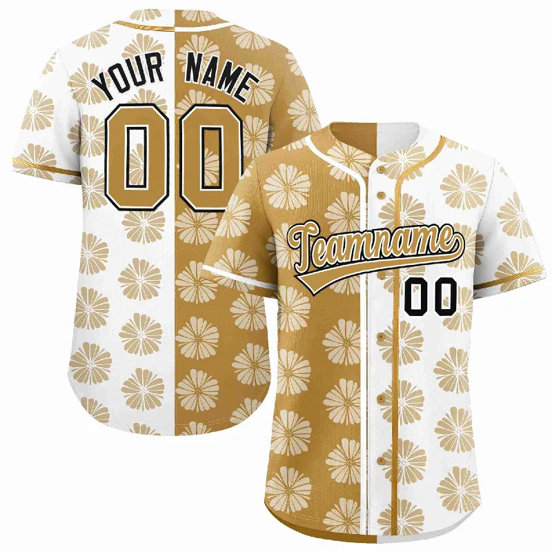 Baseball Jersey for Game Day Comfort-Custom Old Gold White Split Fashion Flower Graffiti Pattern Authentic Baseball Jersey