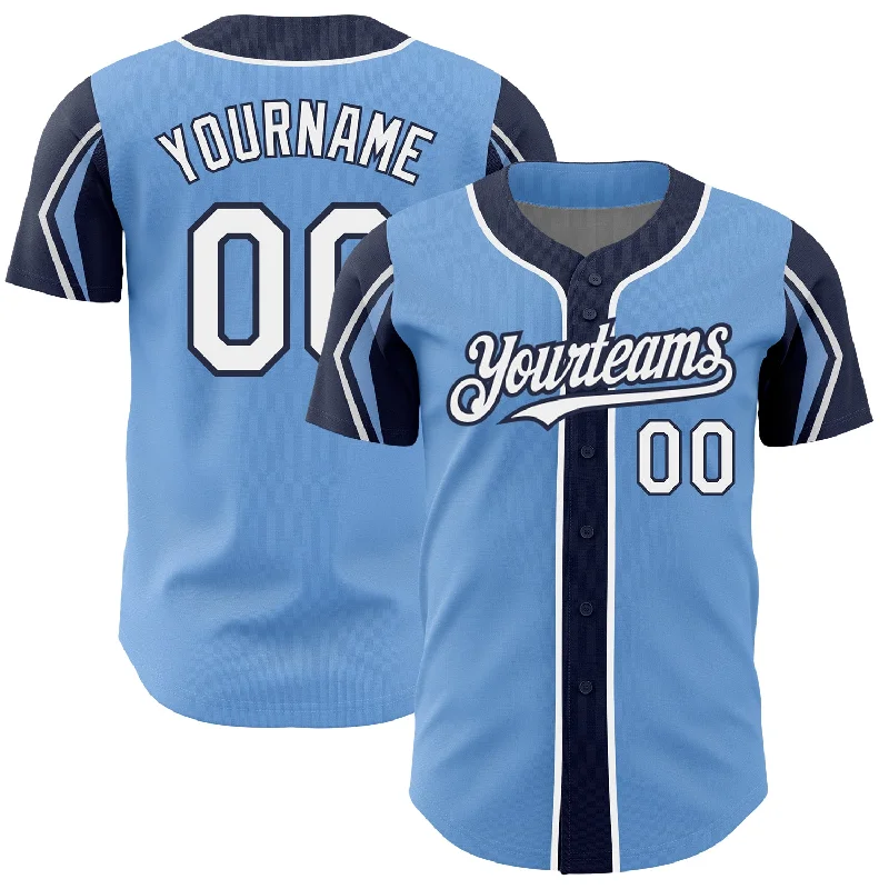 Baseball Jersey for Youth and Adult Sizes-Custom Light Blue White-Navy 3 Colors Arm Shapes Authentic Baseball Jersey