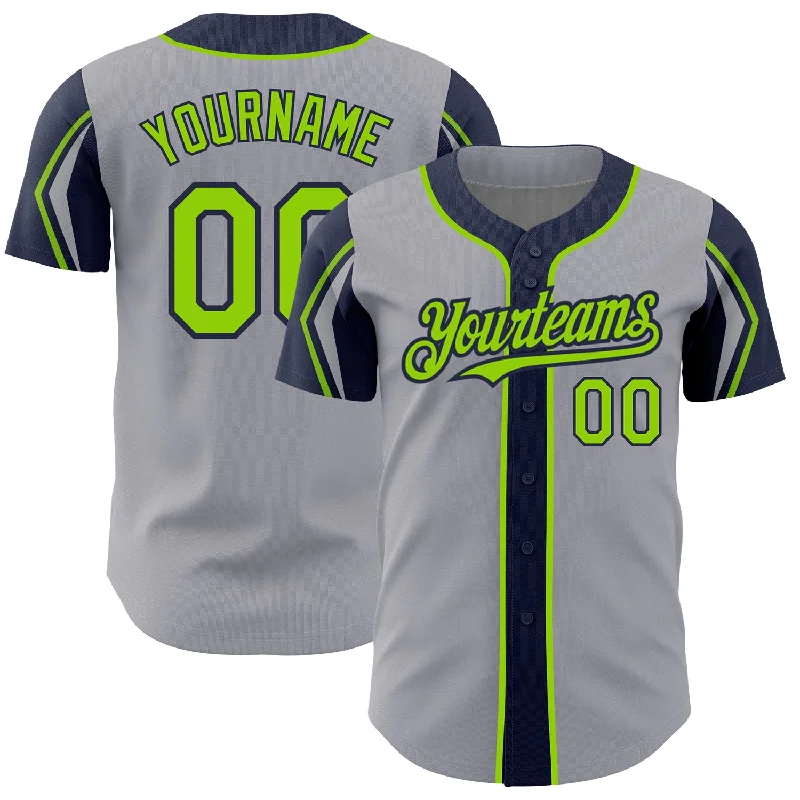 Baseball Jersey for Premium Fan Support-Custom Gray Neon Green-Navy 3 Colors Arm Shapes Authentic Baseball Jersey