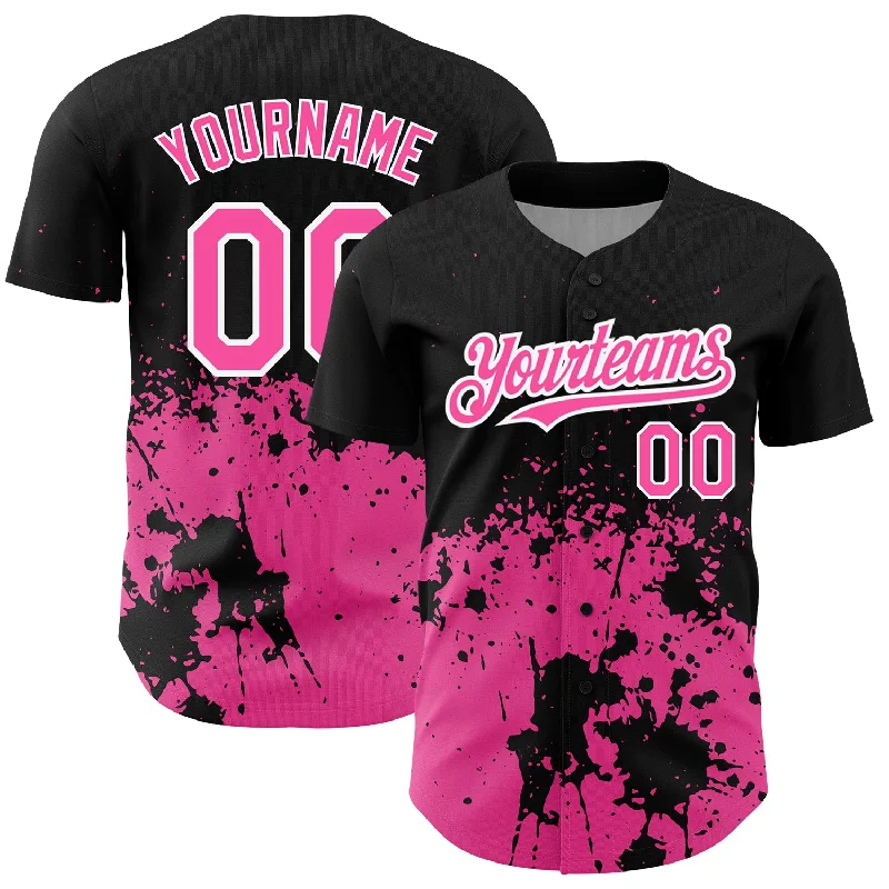 Baseball Jersey for Customizable Player Jerseys-Custom Black Pink-White 3D Pattern Design Abstract Splash Grunge Art Authentic Baseball Jersey