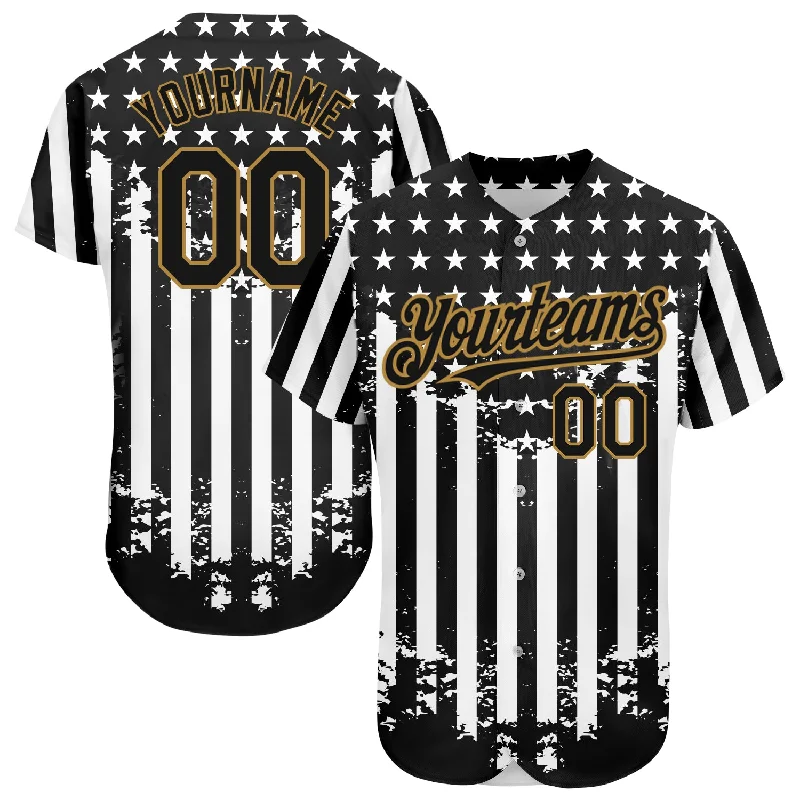 Baseball Jersey for Lightweight Cotton Design-Custom Black Old Gold-White 3D American Flag Authentic Baseball Jersey