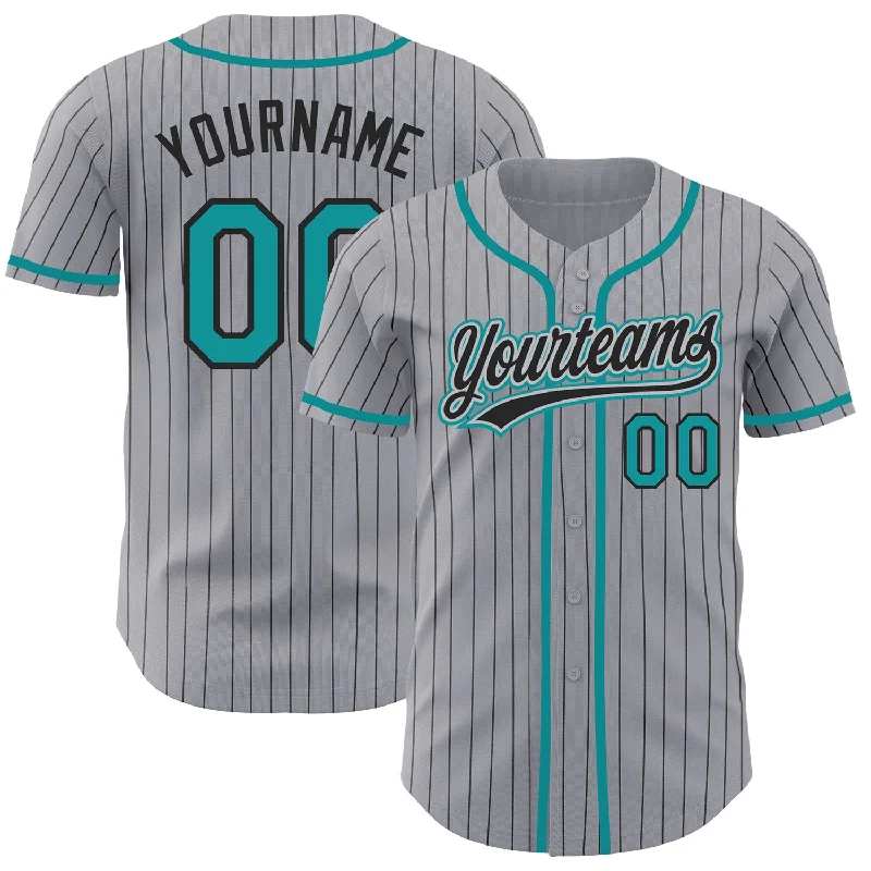 Baseball Jersey for Game Day Customization-Custom Gray Black Pinstripe Teal Authentic Baseball Jersey