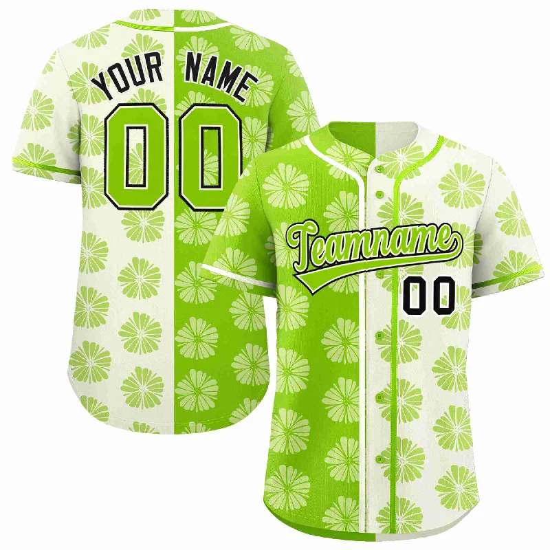 Baseball Jersey for Cool and Breathable Fit-Custom Neon Green Cream Split Fashion Flower Graffiti Pattern Authentic Baseball Jersey