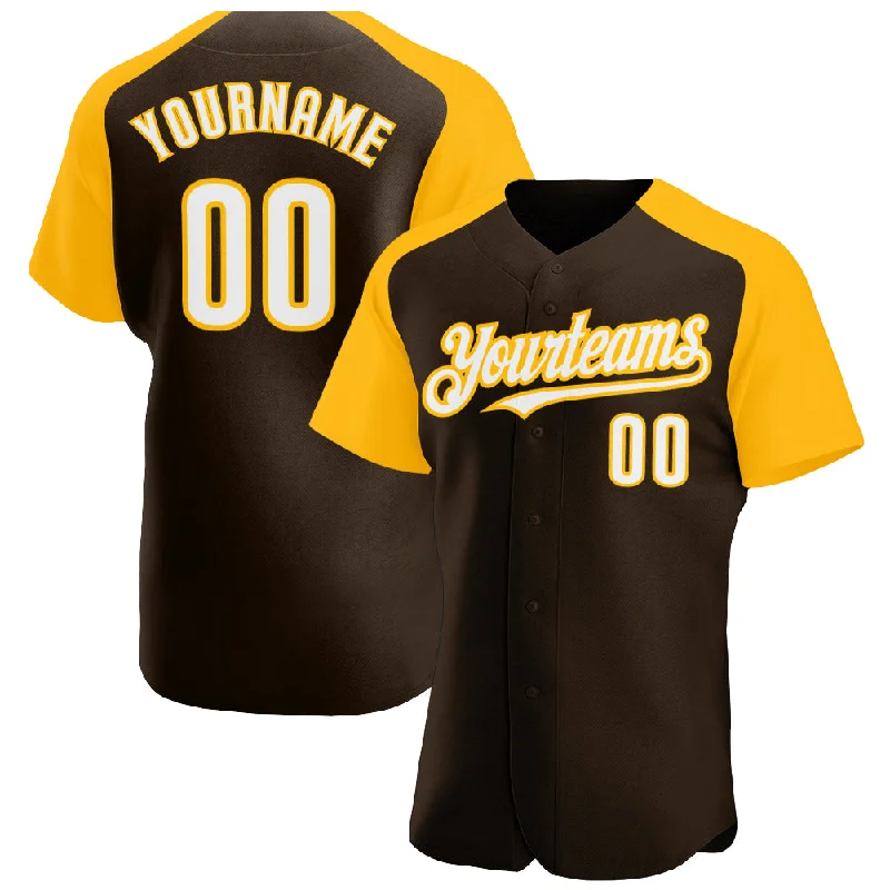 Baseball Jersey for Retro and Vintage Style-Custom Brown White-Gold Authentic Raglan Sleeves Baseball Jersey