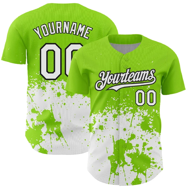 Baseball Jersey for Adjustable Fit-Custom Neon Green White-Black 3D Pattern Design Abstract Splash Grunge Art Authentic Baseball Jersey