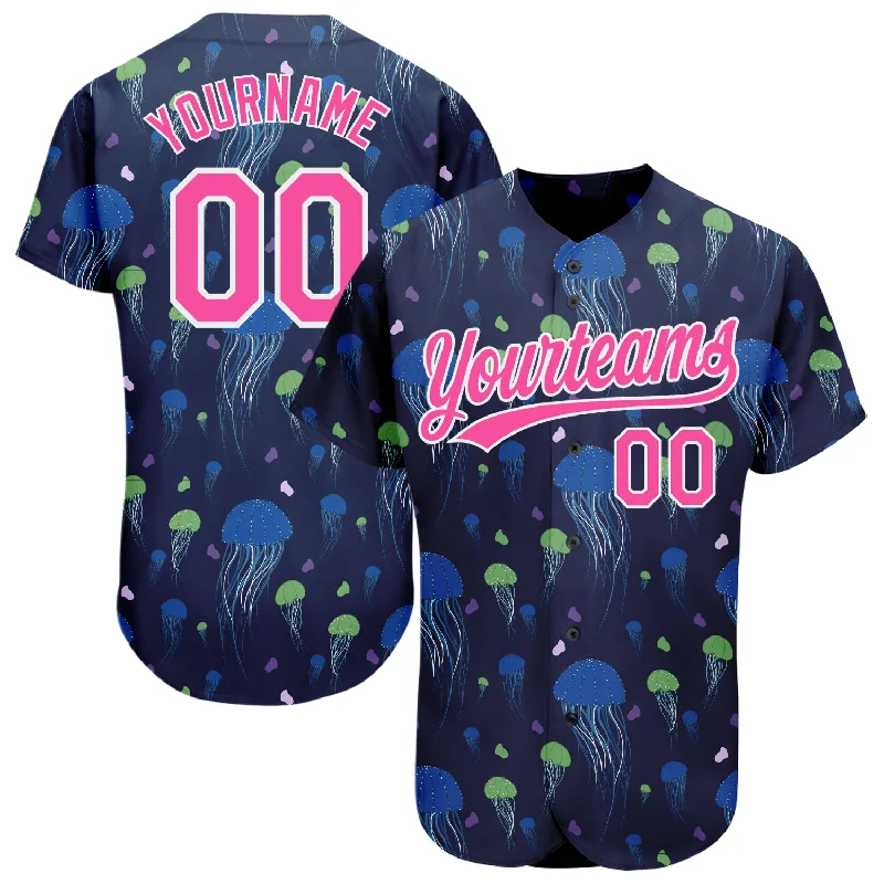 Baseball Jersey for Fast-Pitch Softball-Custom Navy Pink-White 3D Pattern Design Jellyfish Authentic Baseball Jersey