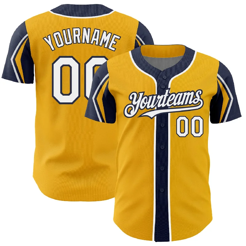 Baseball Jersey for High-Quality Fit and Design-Custom Gold White-Navy 3 Colors Arm Shapes Authentic Baseball Jersey