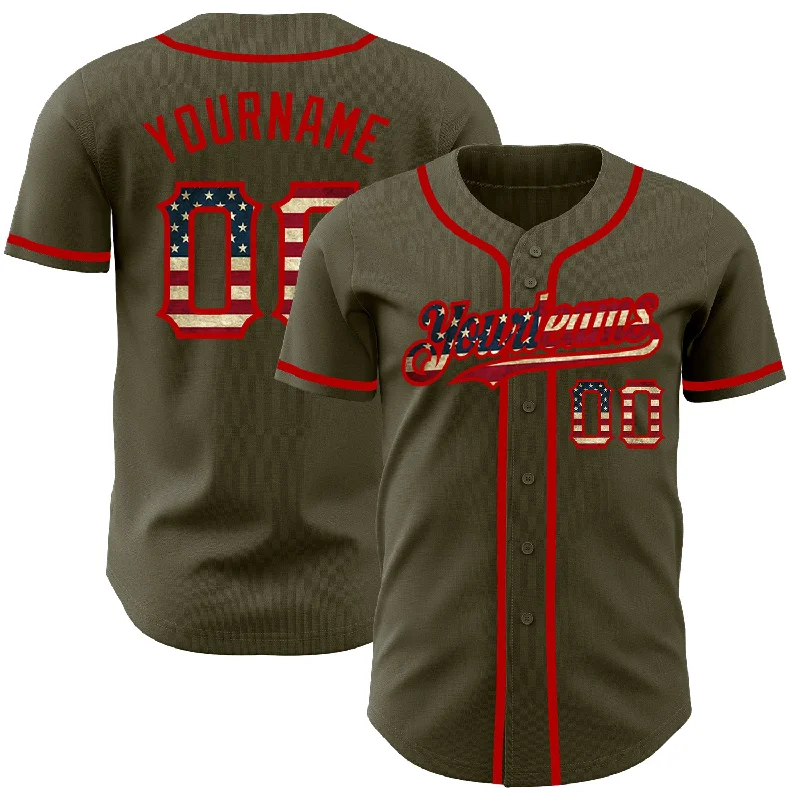 Baseball Jersey for Softball Player Designs-Custom Olive Vintage USA Flag-Red Authentic Salute To Service Baseball Jersey