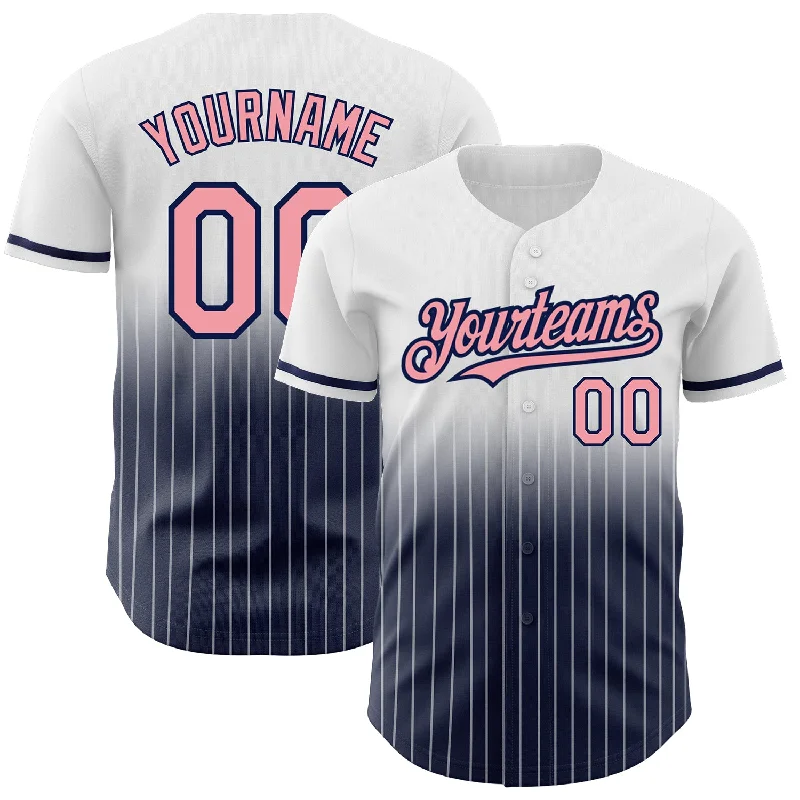 Baseball Jersey for High-Quality Soft Fabric-Custom White Pinstripe Medium Pink-Navy Authentic Fade Fashion Baseball Jersey