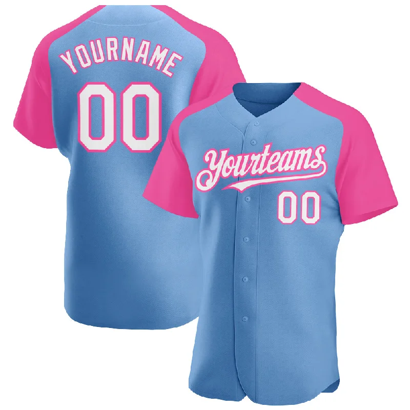 Baseball Jersey for Outdoor Play-Custom Light Blue White-Pink Authentic Raglan Sleeves Baseball Jersey