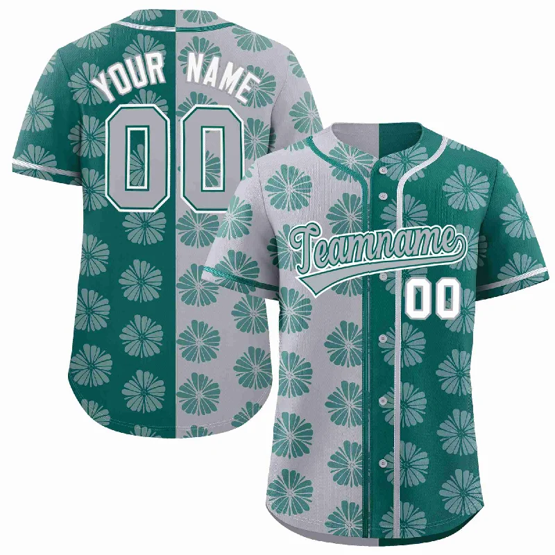 Baseball Jersey for Professional Appearance-Custom Light Gray Aqua Split Fashion Flower Graffiti Pattern Authentic Baseball Jersey