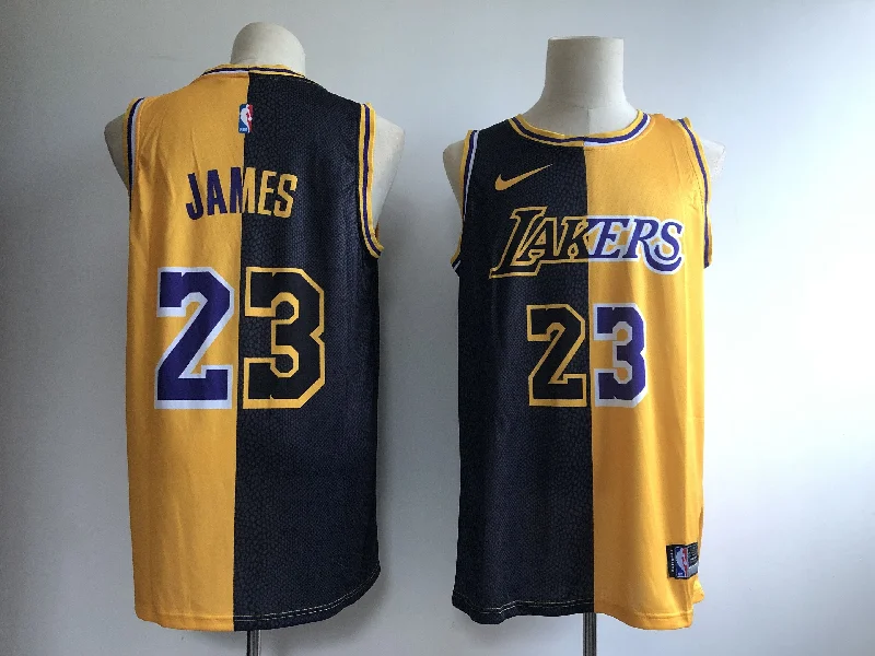 Basketball Jersey for Lightweight Design for Kids-Lakers 23 Lebron James Black Gold Split Swingman Basketball Jersey