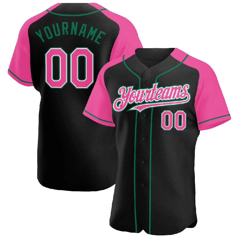 Baseball Jersey for Kids-Custom Black Pink-Kelly Green Authentic Raglan Sleeves Baseball Jersey