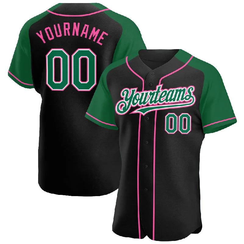 Baseball Jersey for High-End Custom Bats and Jerseys-Custom Black Kelly Green-Pink Authentic Raglan Sleeves Baseball Jersey