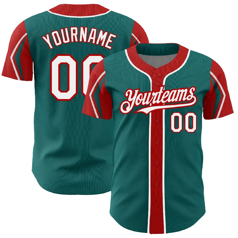 Baseball Jersey for Softball and Baseball Wear-Custom Teal White-Red 3 Colors Arm Shapes Authentic Baseball Jersey