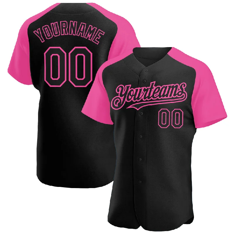 Baseball Jersey for College Teams-Custom Black Pink Authentic Raglan Sleeves Baseball Jersey