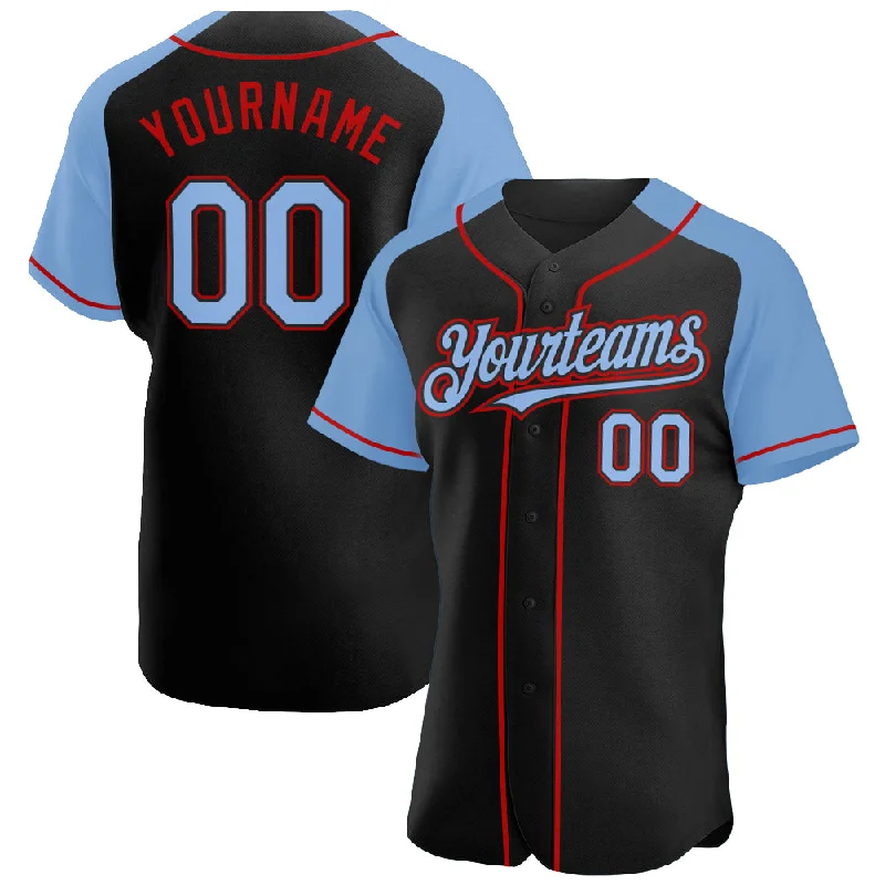 Baseball Jersey for Professional Custom Apparel-Custom Black Light Blue-Red Authentic Raglan Sleeves Baseball Jersey