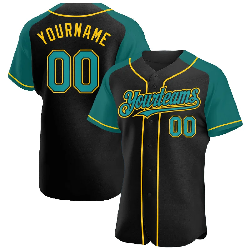 Baseball Jersey for Custom Designs and Graphics-Custom Black Teal-Yellow Authentic Raglan Sleeves Baseball Jersey