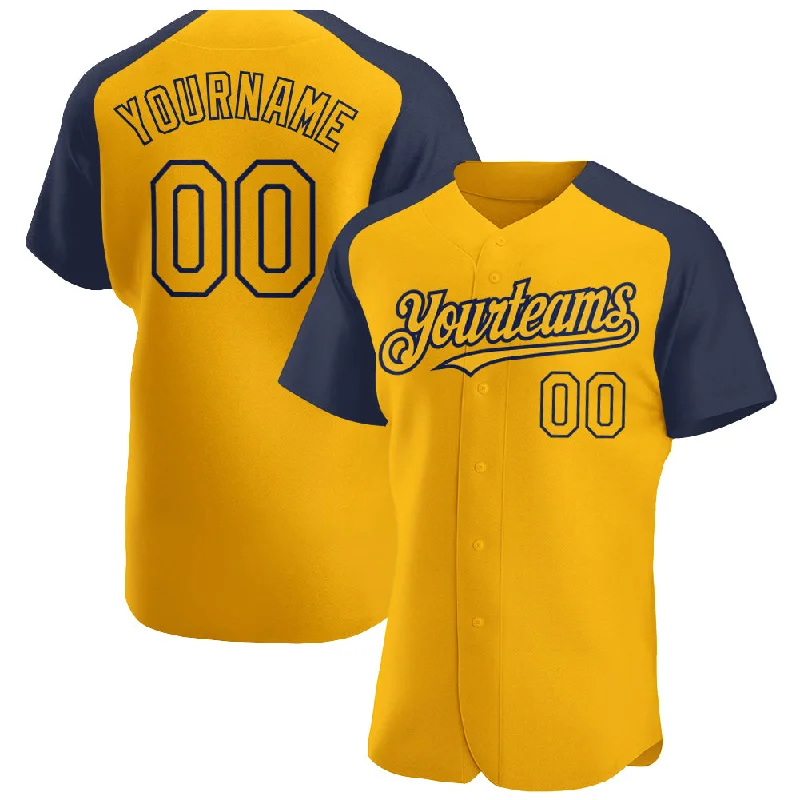 Baseball Jersey for Game Day Customization-Custom Gold Navy Authentic Raglan Sleeves Baseball Jersey