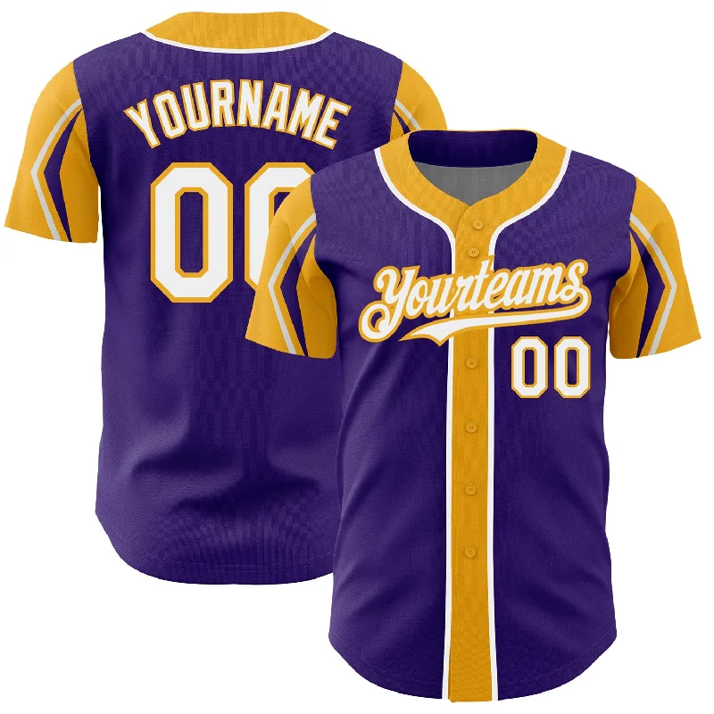 Baseball Jersey for Youth Sports Apparel-Custom Purple White-Gold 3 Colors Arm Shapes Authentic Baseball Jersey