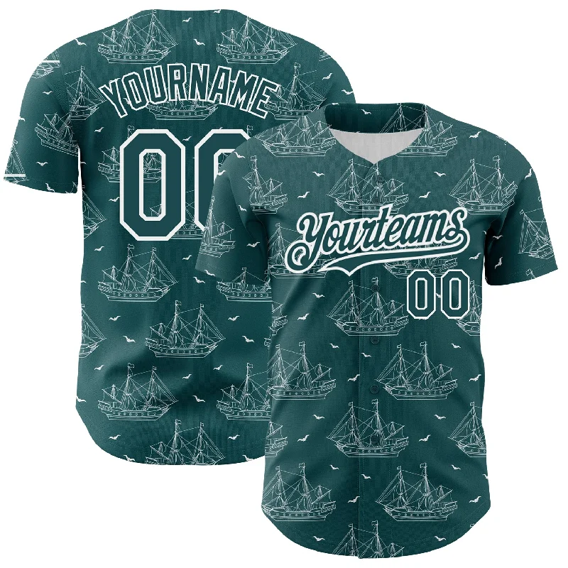 Baseball Jersey for Baseball Fan Apparel-Custom Midnight Green White 3D Pattern Design Ship Frigate With Seagulls Authentic Baseball Jersey