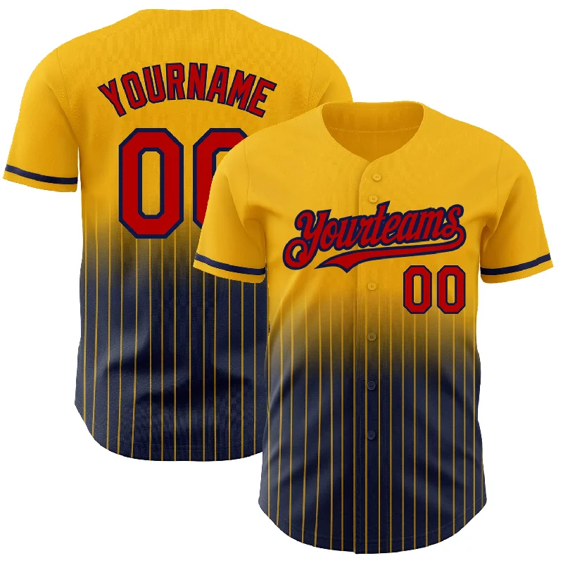 Baseball Jersey for Personalized Fan Gear-Custom Gold Pinstripe Red-Navy Authentic Fade Fashion Baseball Jersey