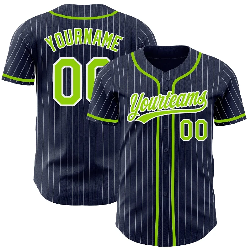 Baseball Jersey for School Spirit Wear-Custom Navy White Pinstripe Neon Green Authentic Baseball Jersey