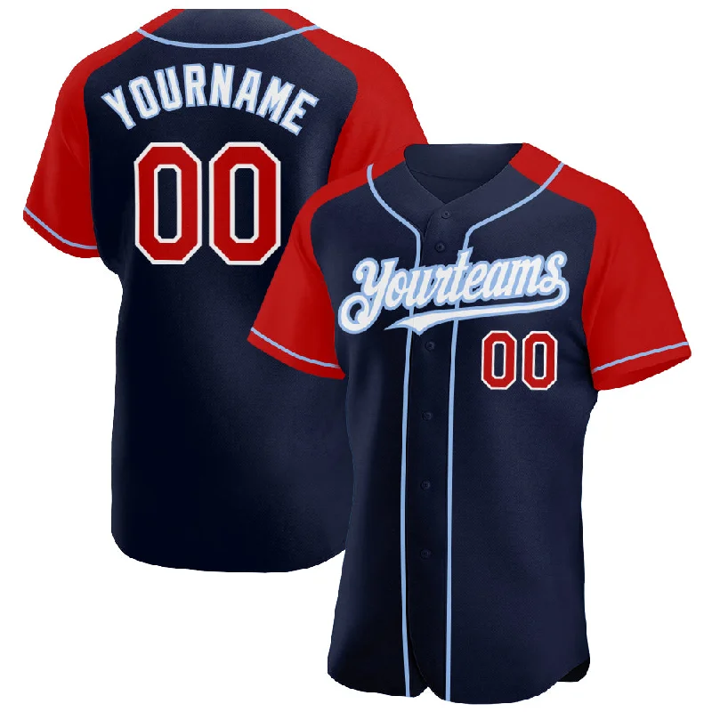 Baseball Jersey for High-School Baseball Teams-Custom Navy Red-Light Blue Authentic Raglan Sleeves Baseball Jersey