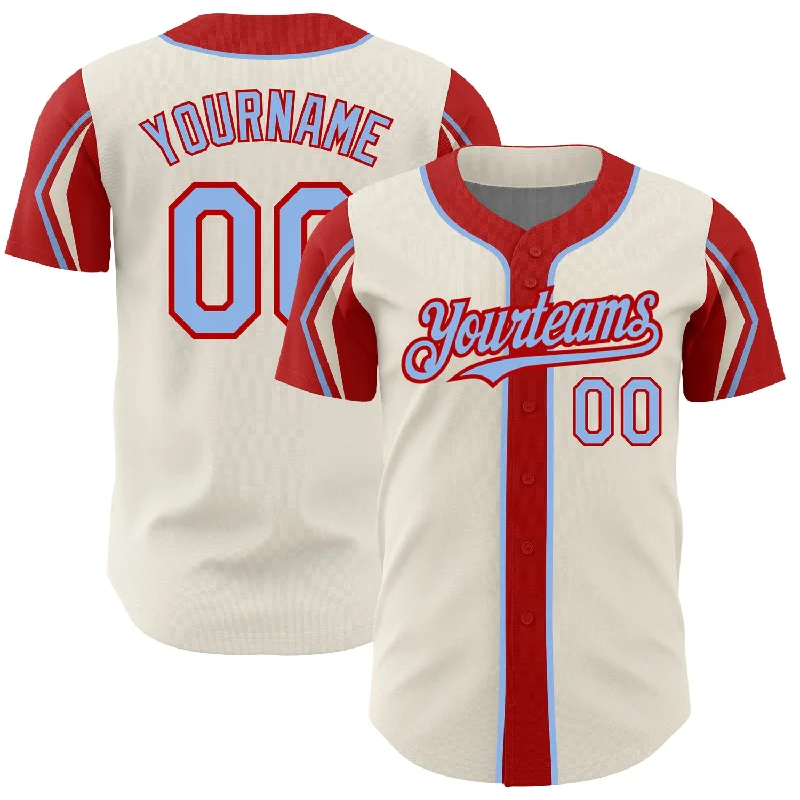 Baseball Jersey for Custom Names and Numbers-Custom Cream Light Blue-Red 3 Colors Arm Shapes Authentic Baseball Jersey