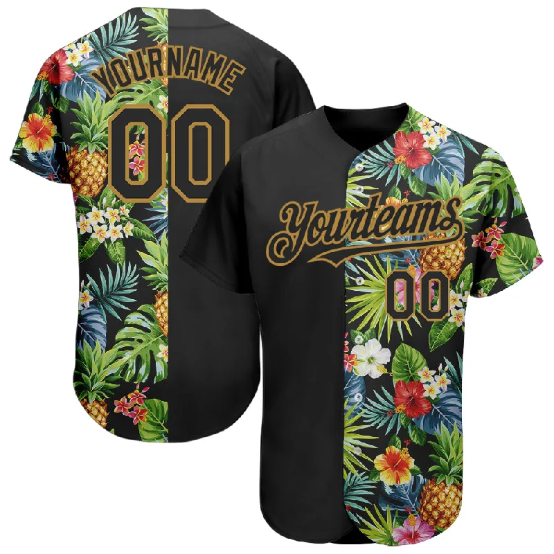 Custom Baseball Jersey for Players-Custom Black Old Gold 3D Pattern Design Hawaii Tropical Pineapples, Palm Leaves And Flowers Authentic Baseball Jersey