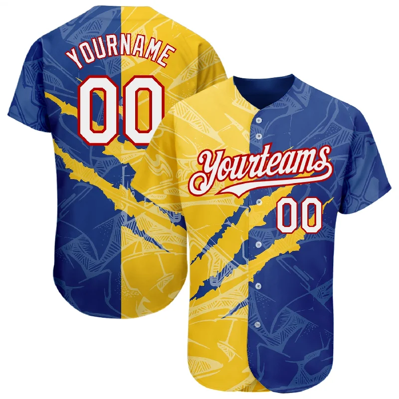 Baseball Jersey for School Spirit-Custom Graffiti Pattern White Royal Yellow-Red 3D Scratch Authentic Baseball Jersey